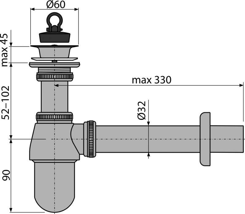 alcadrain clapet anti-odeurs pour bouteille pour évacuation Ø32 avec soupape de vidange 5/4", tout métal