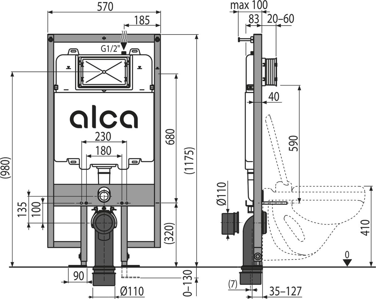 Alcadrain Vorwandinstallationssystem für Trockenbau (aus GK) AM1101/1200 SLIM