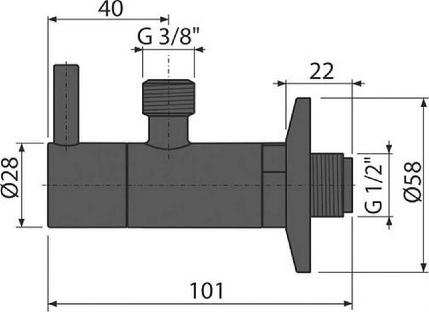 Technische Zeichnung einer zylindrischen Rohrverschraubung mit Seiten- und Oberanschlüssen, die Abmessungen von 101 mm Länge, 40 mm, 22 mm, Ø28, Ø58 und G 3/8 und G 1/2 Gewinde zeigt.