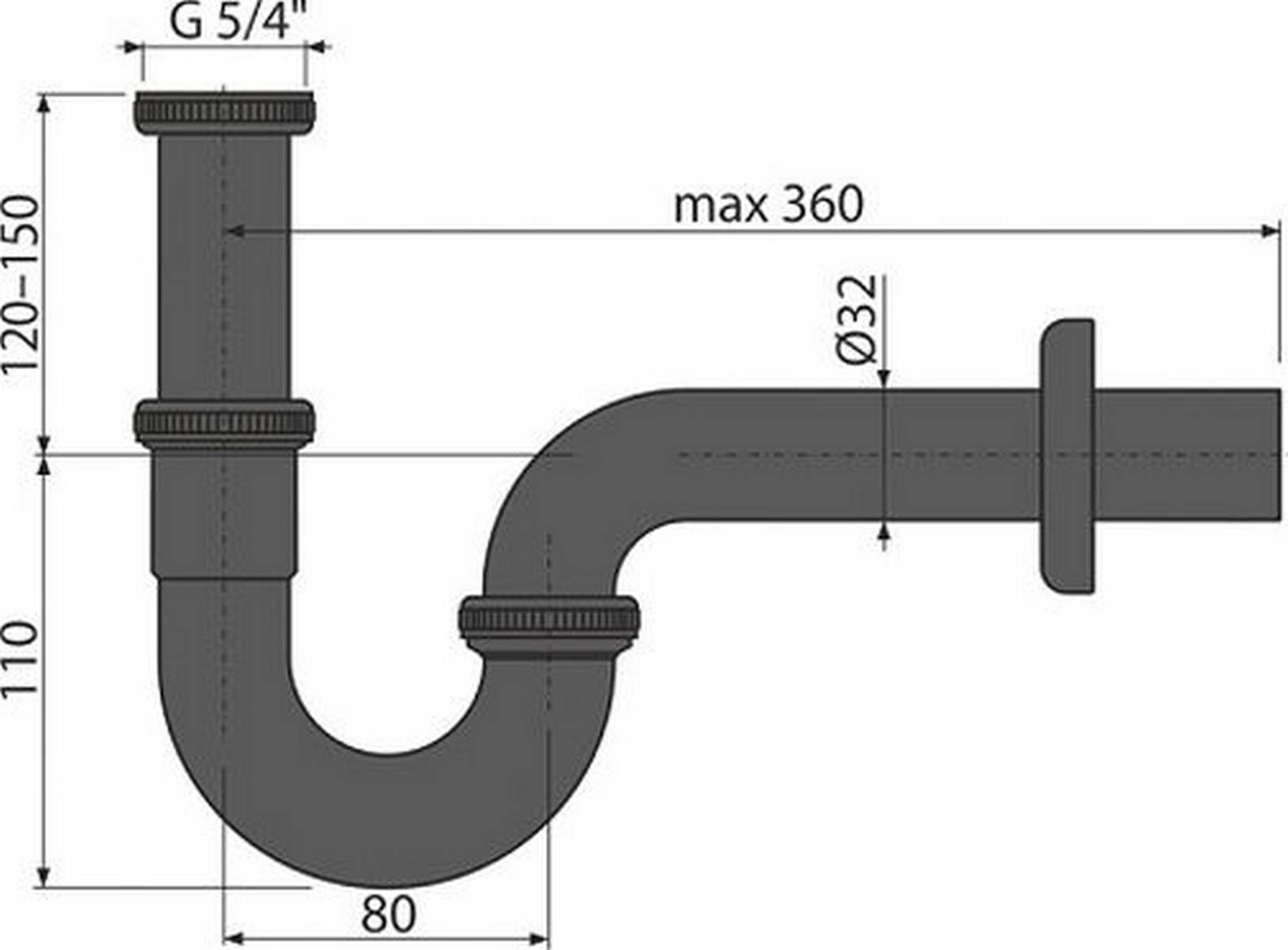 alcadrain Röhrengeruchverschluss „U“ für die Waschbecken DN32 mit einer Überwurfmutter 5/4", Schwarz-Matt