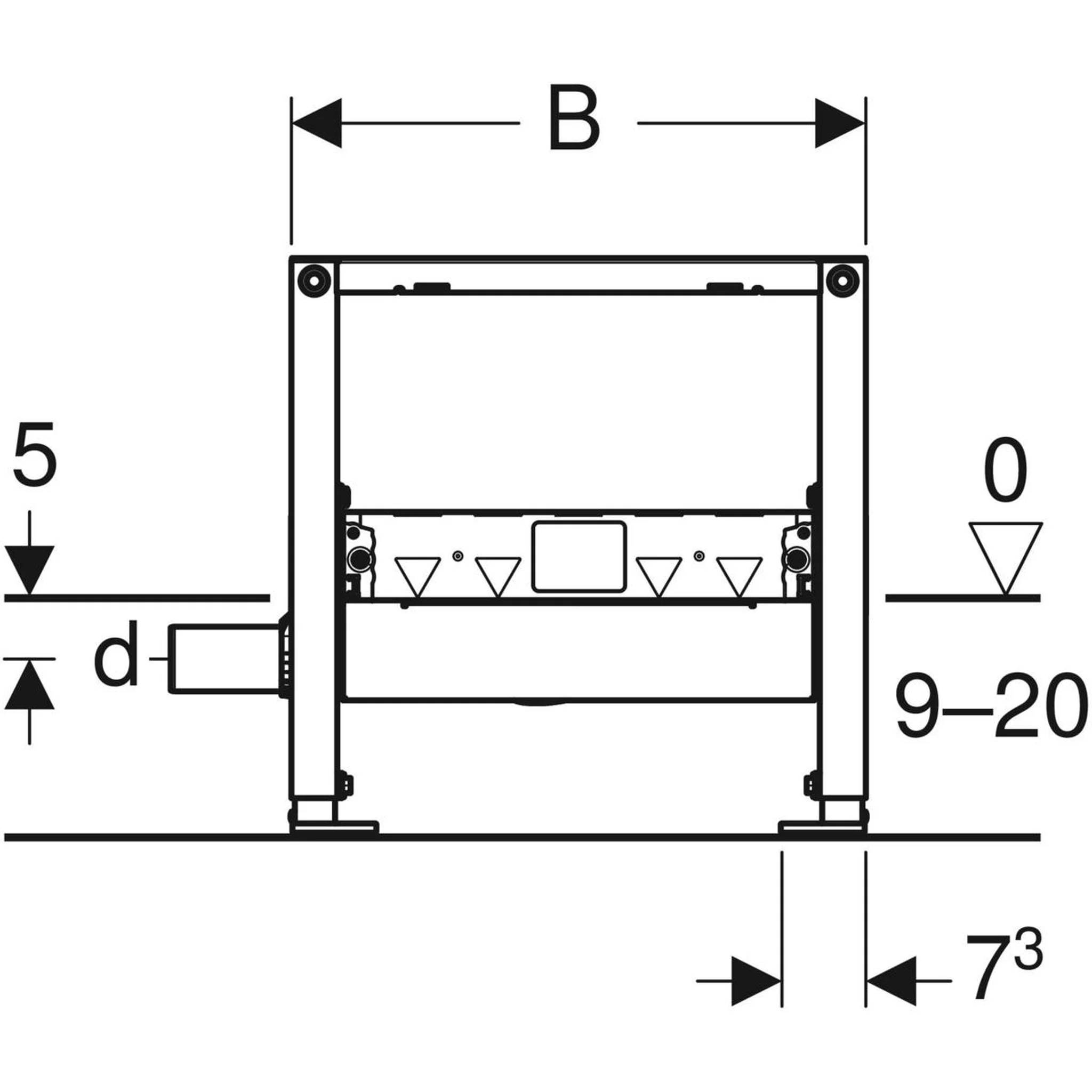 Technische Strichzeichnung eines Maschinenrahmens, Vorderansicht dargestellt mit Breite bezeichnet als B, Dimension d, Höhe 5, Versatz 7 und Bereich 9–20.