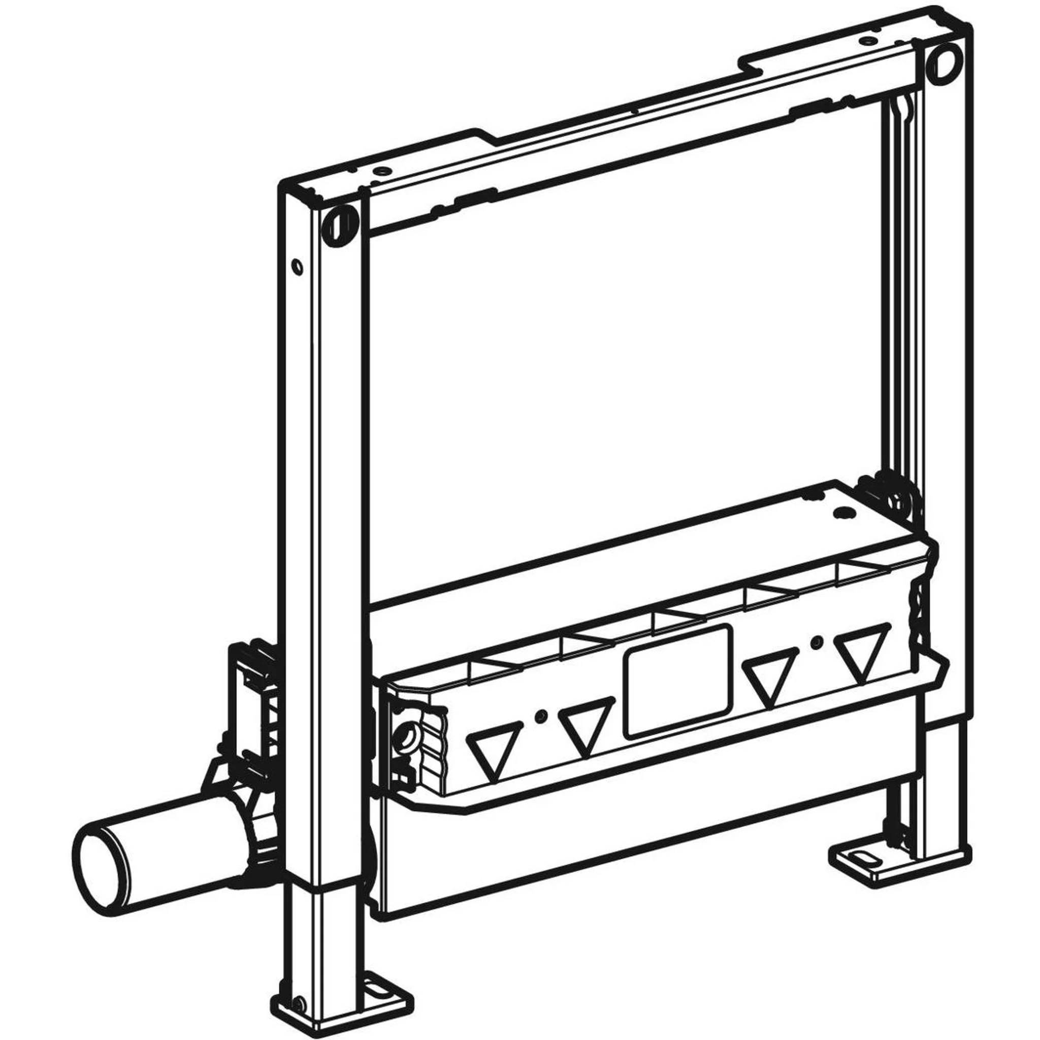 Schwarz-weiße technische Illustration einer gerahmten mechanischen Baugruppe mit einer zentralen rechteckigen Einheit, seitlichem Zylinder und Montagefüßen.