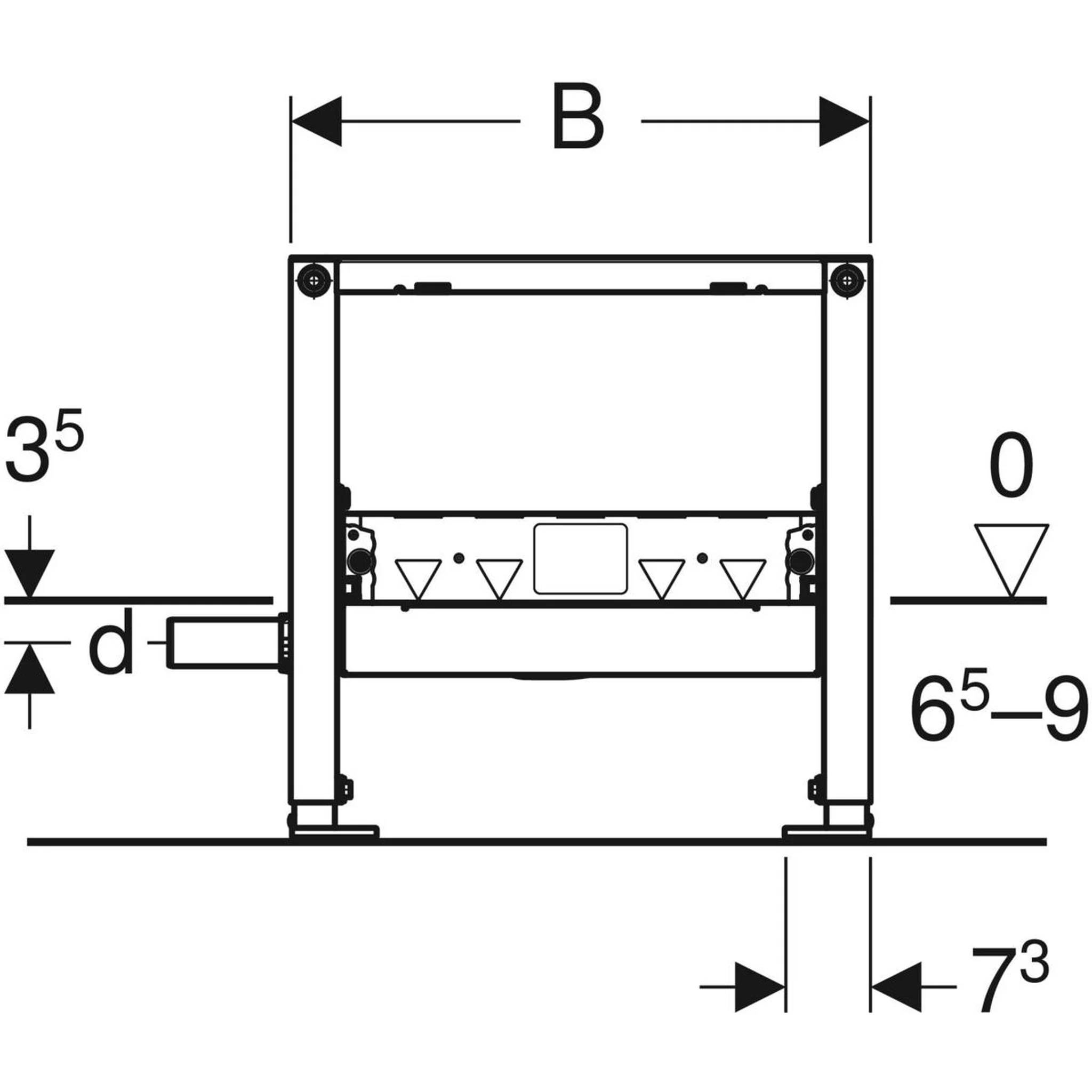 Technische Strichzeichnung eines Maschinenrahmens mit Bemaßungspfeilen und Beschriftungen B, d, 3,5, 0, 6,5–9 und 7,3, zeigt Breiten- und Höhenmessungen.