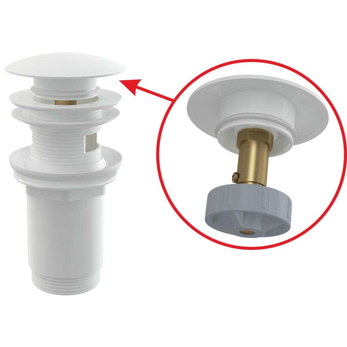 alcadrain valve d'évacuation pour lavabo CLICK/CLACK 5/4" tout métal avec trop-plein, grand bouchon blanc