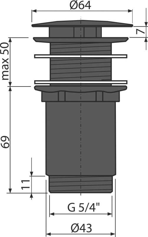 alcadrain valve de vidange pour lavabo 5/4" tout métal, gros bouchon non fermable, pour lavabos sans trop-plein, noir mat