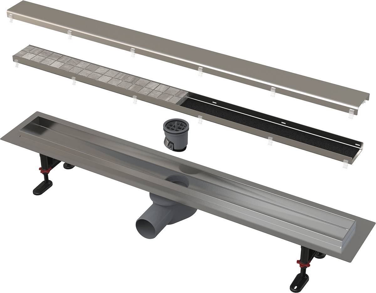Das Bild zeigt einen Querschnitt eines linearen Drainagesystems und hebt Edelstahlkanäle, einen zentralen Ablauf und einen abnehmbaren Rost hervor.