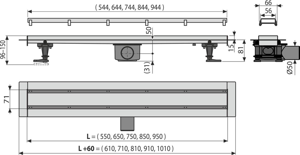 AlcaDrain APZ13 DOUBLE Duschrinne mit doppelseitigem Rost 650