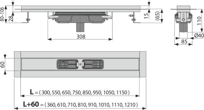 AlcaDrain APZ1106 Caniveau de douche en acier inoxydable bas Évacuation verticale 1150