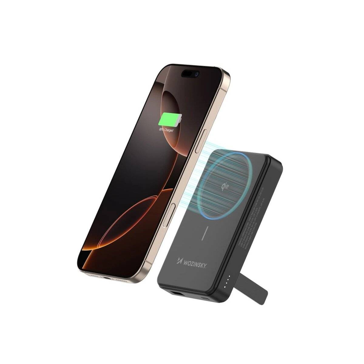 Powerbank Wozinsky WLWP-10KA0Y3S 22,5W PD Qi2 10000 mAh, mit Ständer, 1x USB-A, 1x USB-C Schwarz