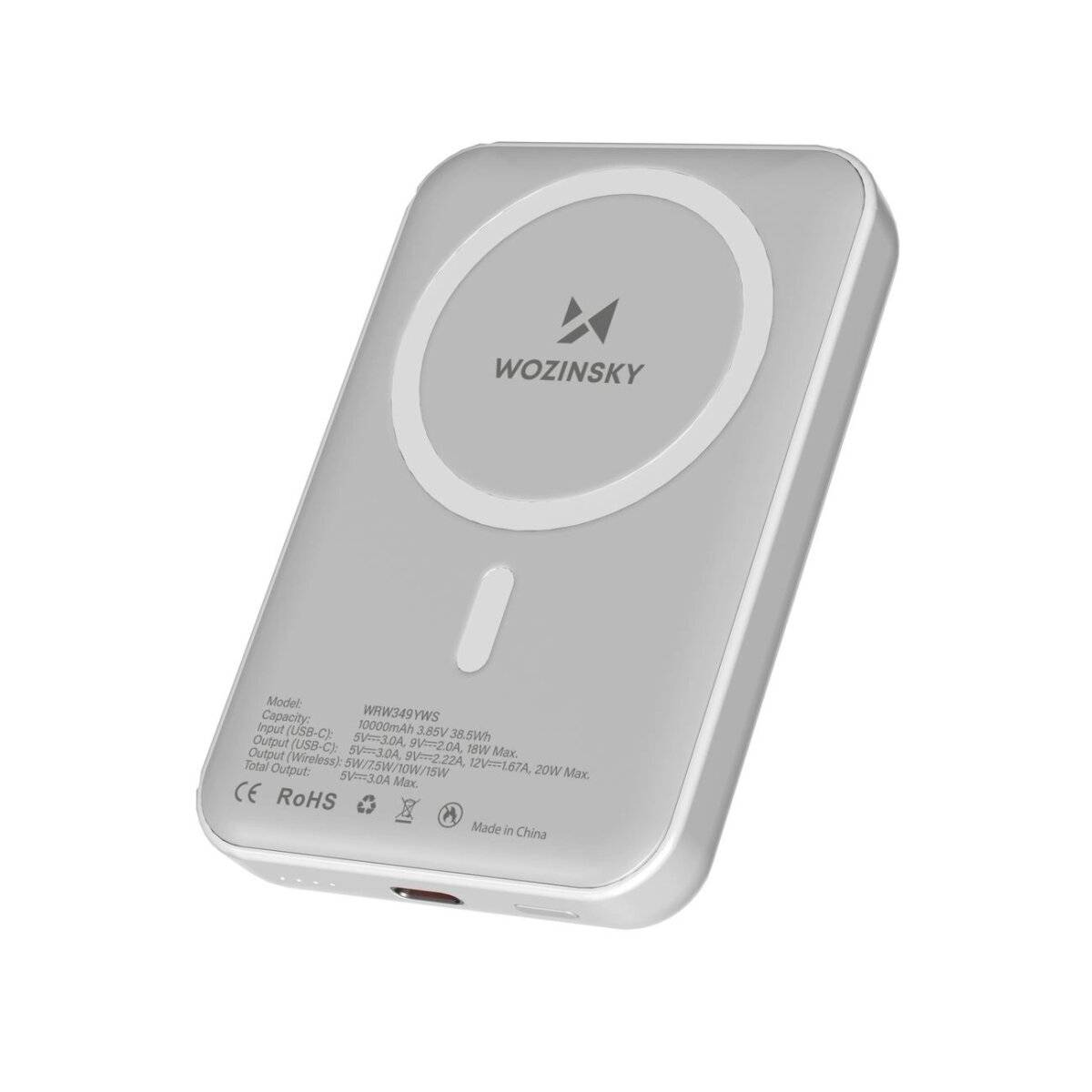 Wozinsky WRW349YWS Magnetische Powerbank, 10.000 mAh, Weiß