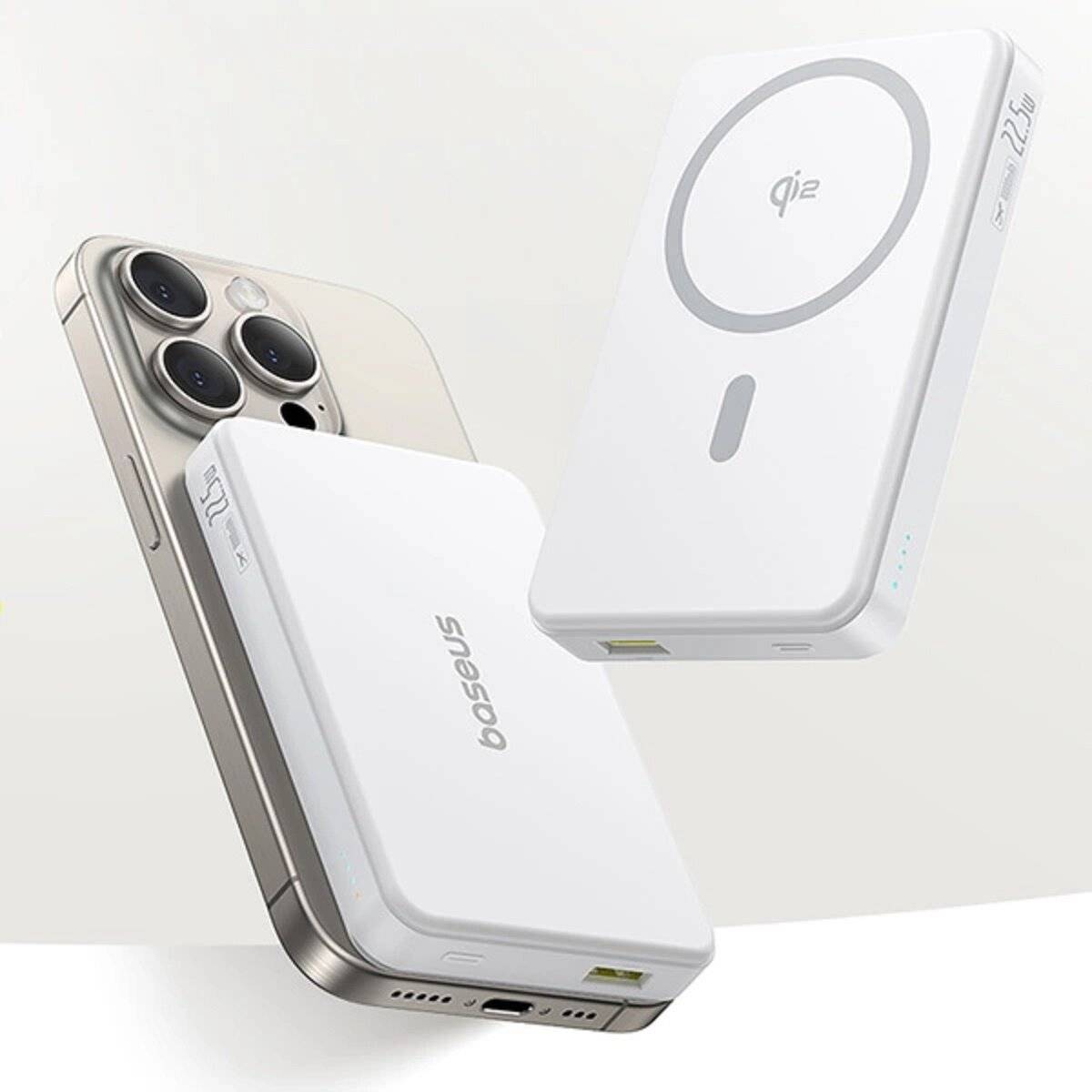 Baseus Airpow II 10000 mAh Qi2 Powerbank mit MagSafe 22,5 W mit Baseus Simple Series USB-C-Kabel – USB-C 20 V/3 A (30 cm) Weiß