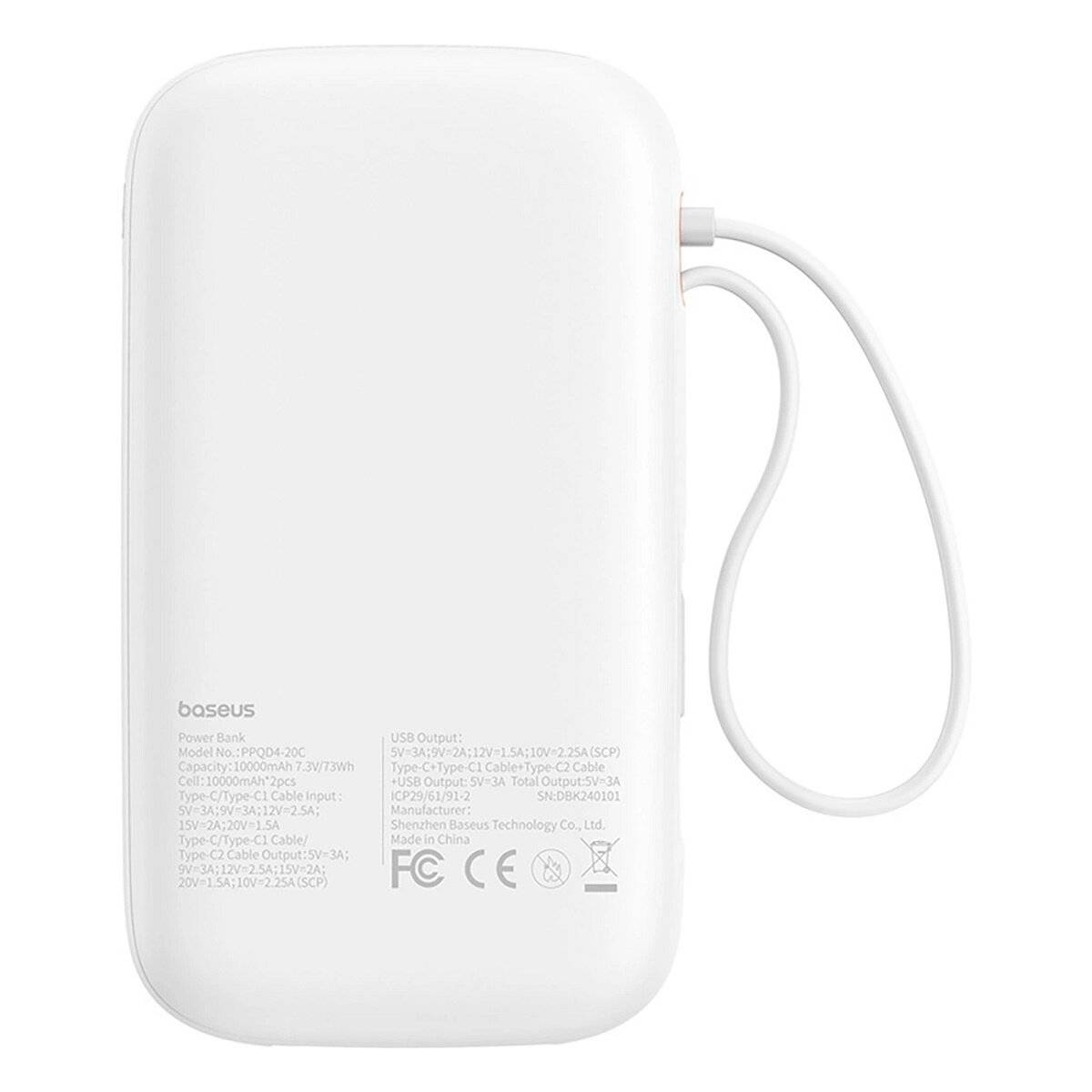 Baseus QPow 2 20000mAh 30W Powerbank mit 2 integrierten USB-C-Kabeln Weiß