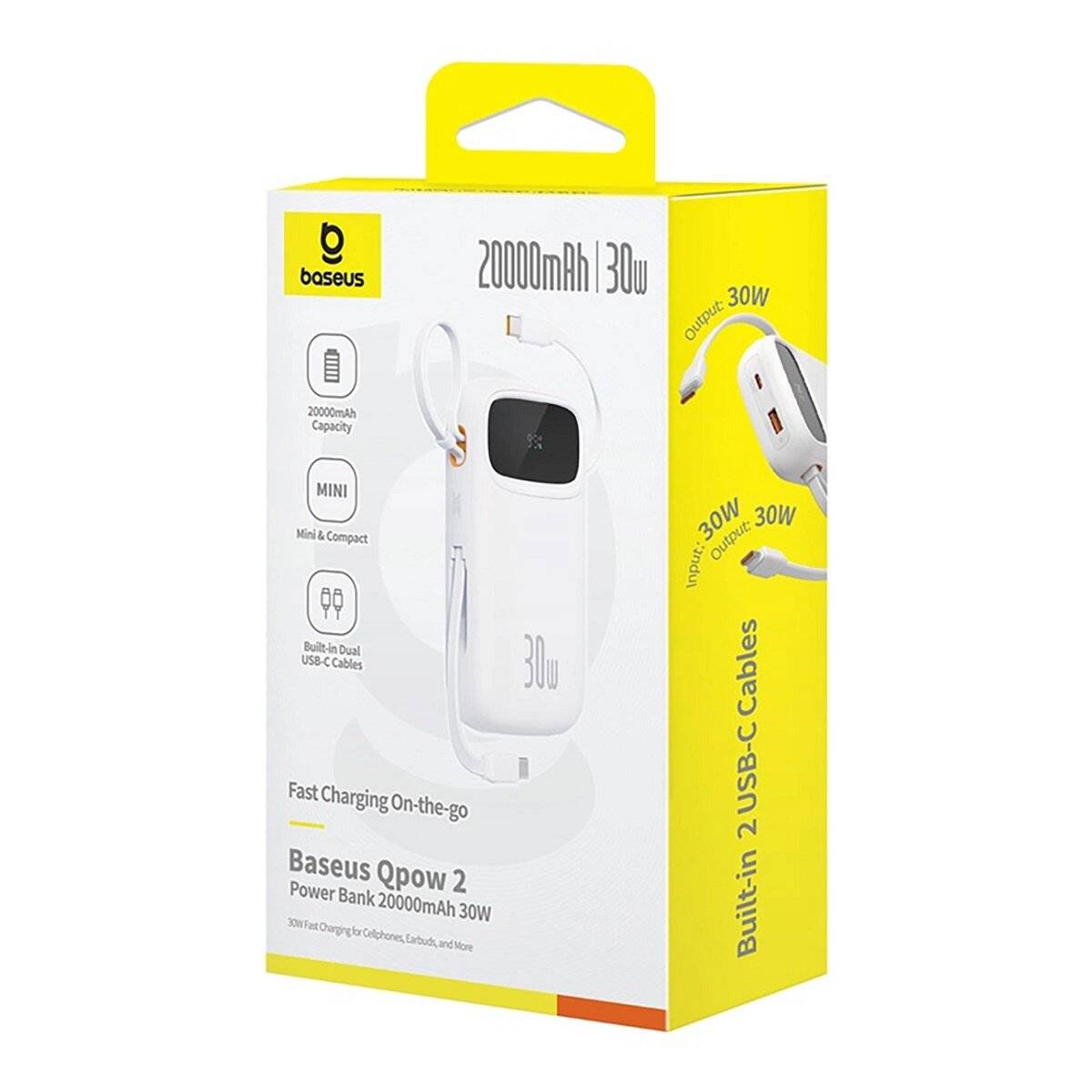 Baseus QPow 2 20000mAh 30W Powerbank mit 2 integrierten USB-C-Kabeln Weiß
