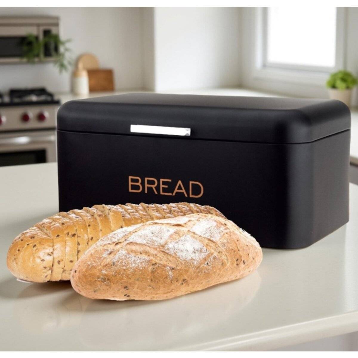 Brotkasten mit Deckel aus hochwertigem Metall-Edelstahl Schwarz 34 x 18 x 20 cm