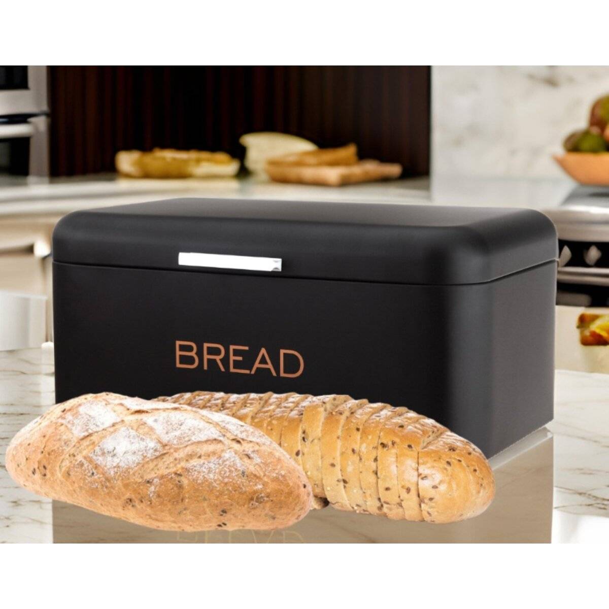 Brotkasten mit Deckel aus hochwertigem Metall-Edelstahl Schwarz 34 x 18 x 20 cm