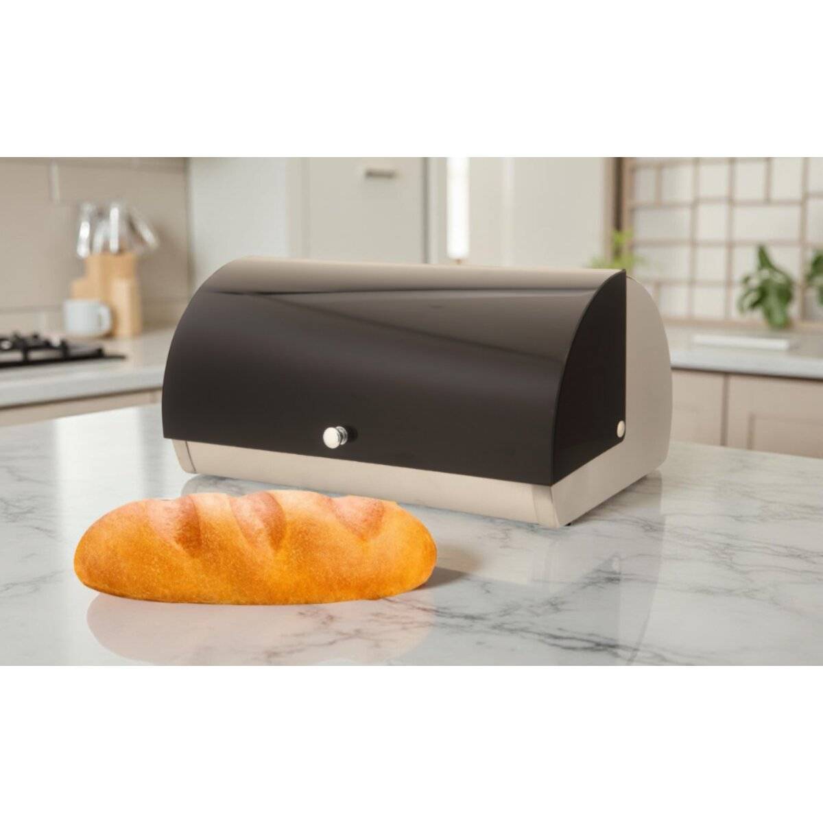 Moderner Brotkasten mit Rolldeckel aus Edelstahl - 38,5 x 18,5 x 28 cm - Schwarz