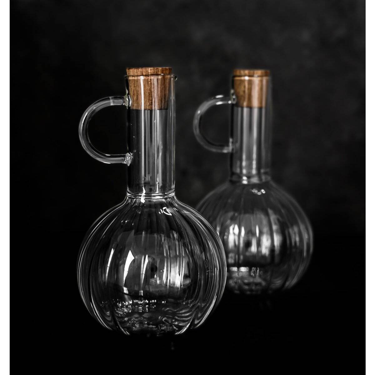 Öl- & Essigflasche "Luana Doppio" 2er-Set aus Borosilikatglas mit Holzkorken