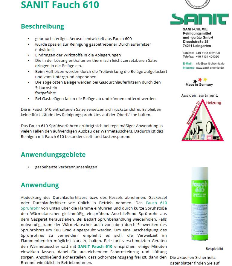 Sanit Fauch 610 Spezialreiniger für Gasgeräte 600 ml Spraydose