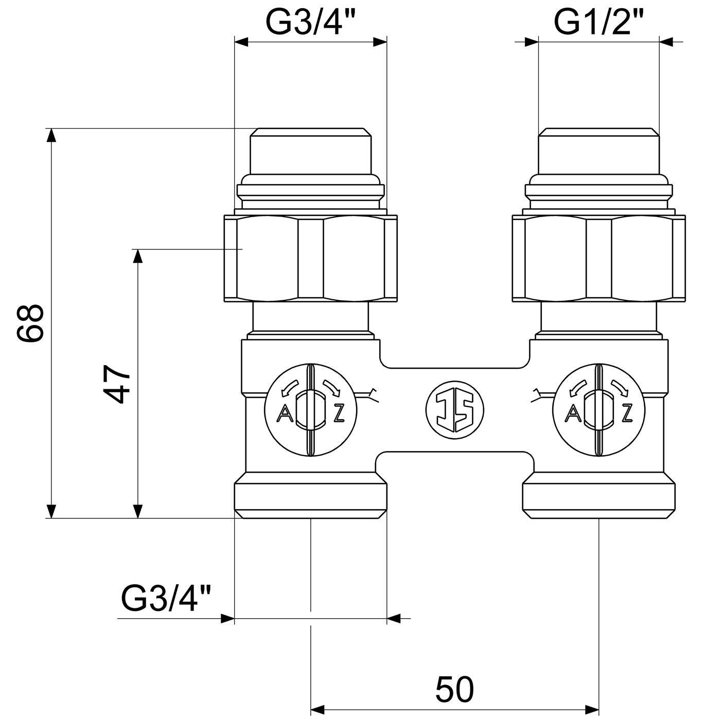 Technische Zeichnung einer Doppelventil-Sanitärarmatur mit Abmessungen: G3/4 und G1/2 Anschlüsse, 68 mm Höhe, 47 mm Bauhöhe, 50 mm Breite.