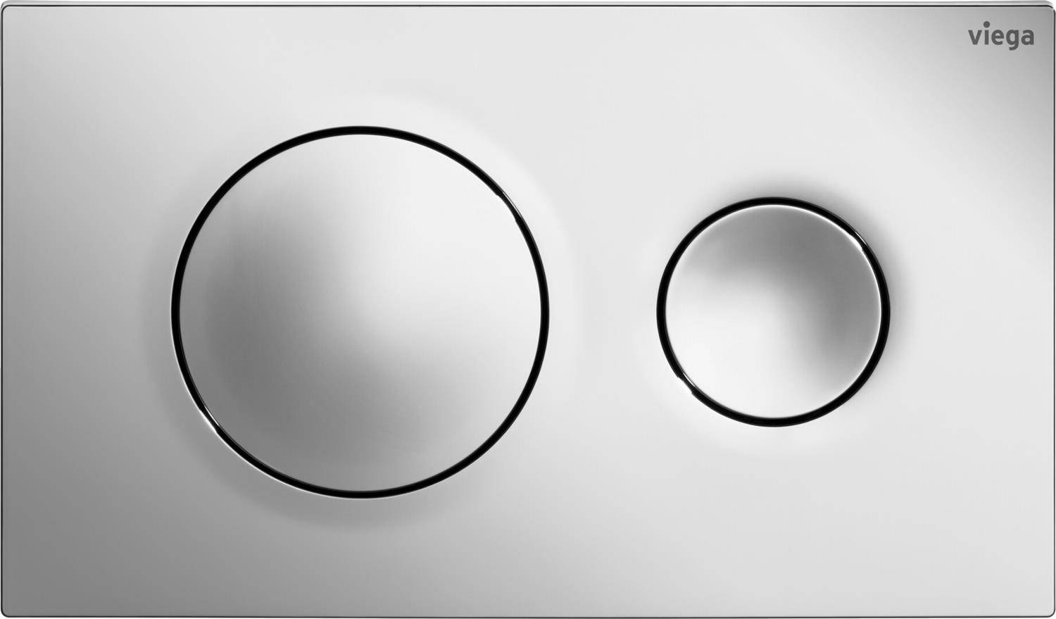 Weiße Viega Spülplatte mit Doppelspülung für die Wand mit zwei runden Tasten, einer großen und einer kleinen, auf einem minimalistischen silbernen Bedienfeld.