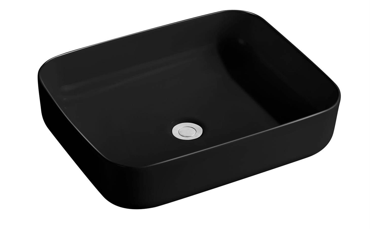 Schwarzes quadratisches Waschbecken mit abgerundeten Ecken und zentralem Ablauf auf weißem Hintergrund.