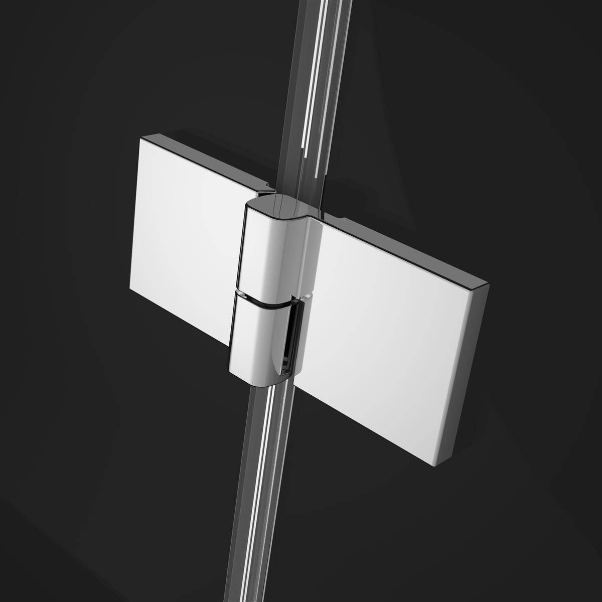 Nahaufnahme eines Chromduschentür-Scharniers, das eine Glaspaneele an einem vertikalen Metallrahmen gegen einen dunklen Hintergrund befestigt.