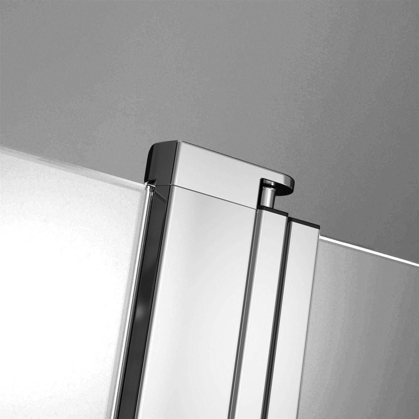 Nahaufnahme eines verchromten Dreh-/Schwenkscharnier/Klemme, die eine Glaspaneel mit einer Wand oder einem Rahmen verbindet.