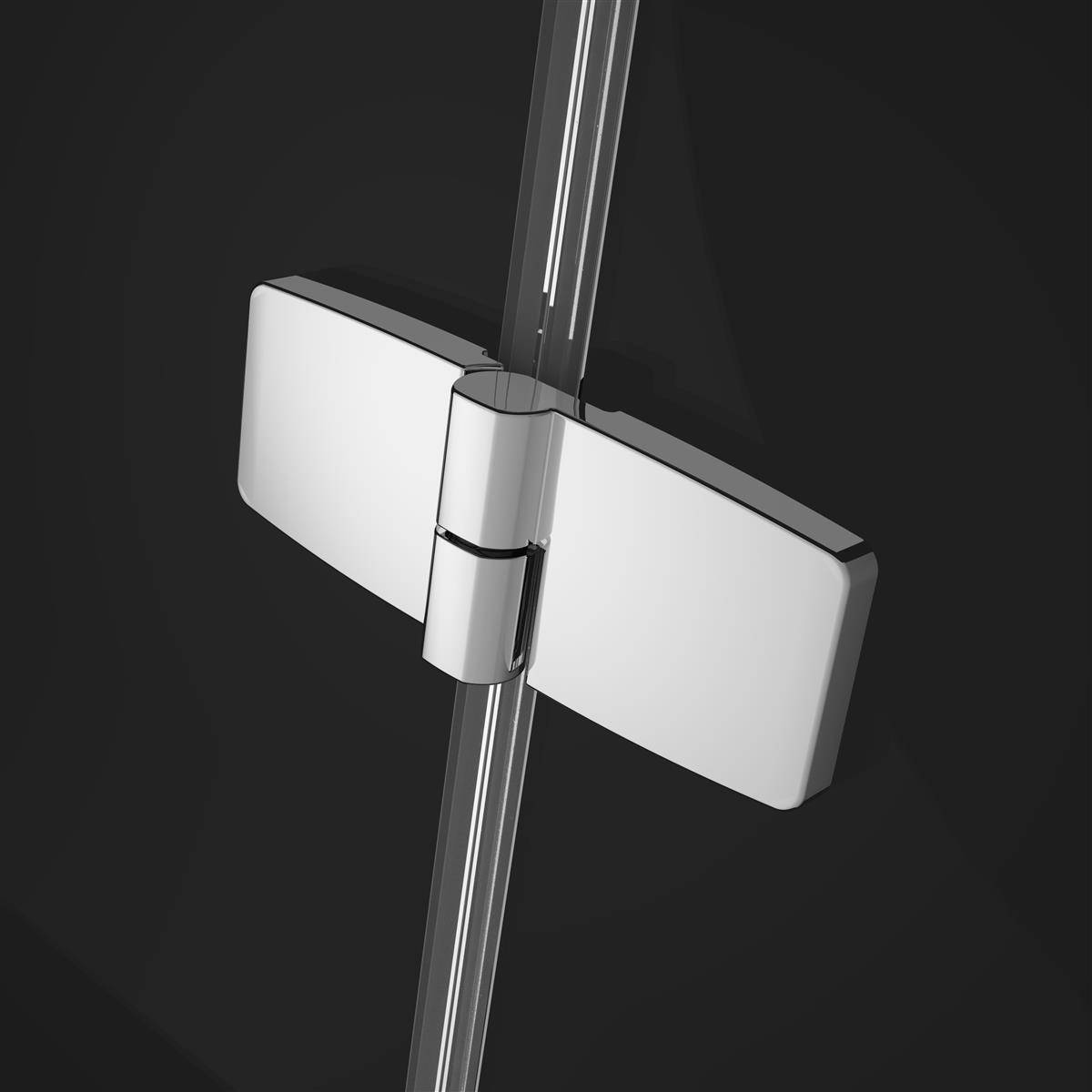 Nahaufnahme eines silbernen Türscharniers, das auf einem dunklen Glas- oder Metallfeld montiert ist, in 3D vor schwarzem Hintergrund dargestellt.
