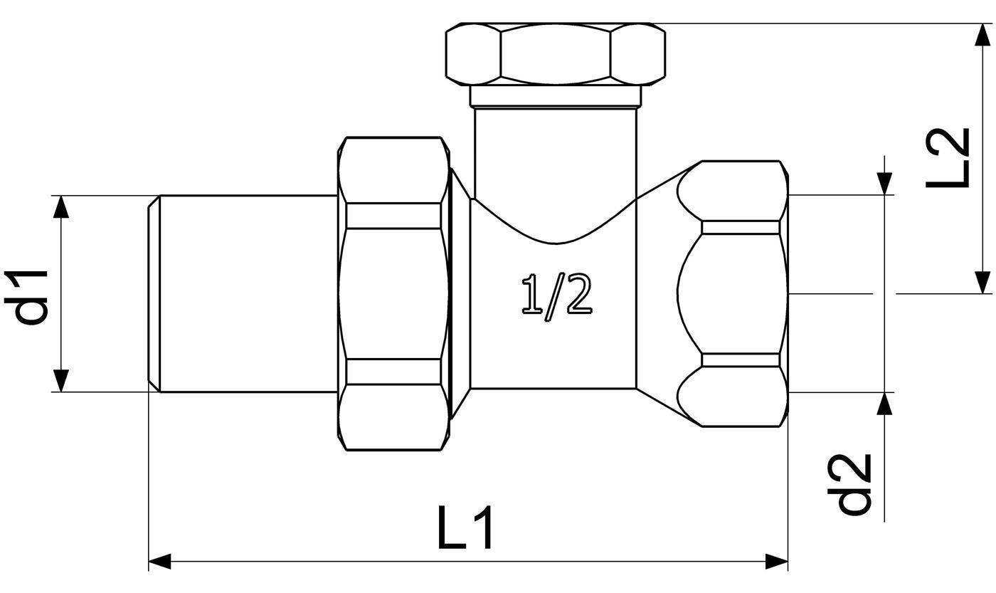 Technische Zeichnung einer T-förmigen Rohrverschraubung mit drei Gewinde-Enden, beschriftet mit d1, d2, L1 und L2, und mit 1/2 in der Mitte gekennzeichnet.