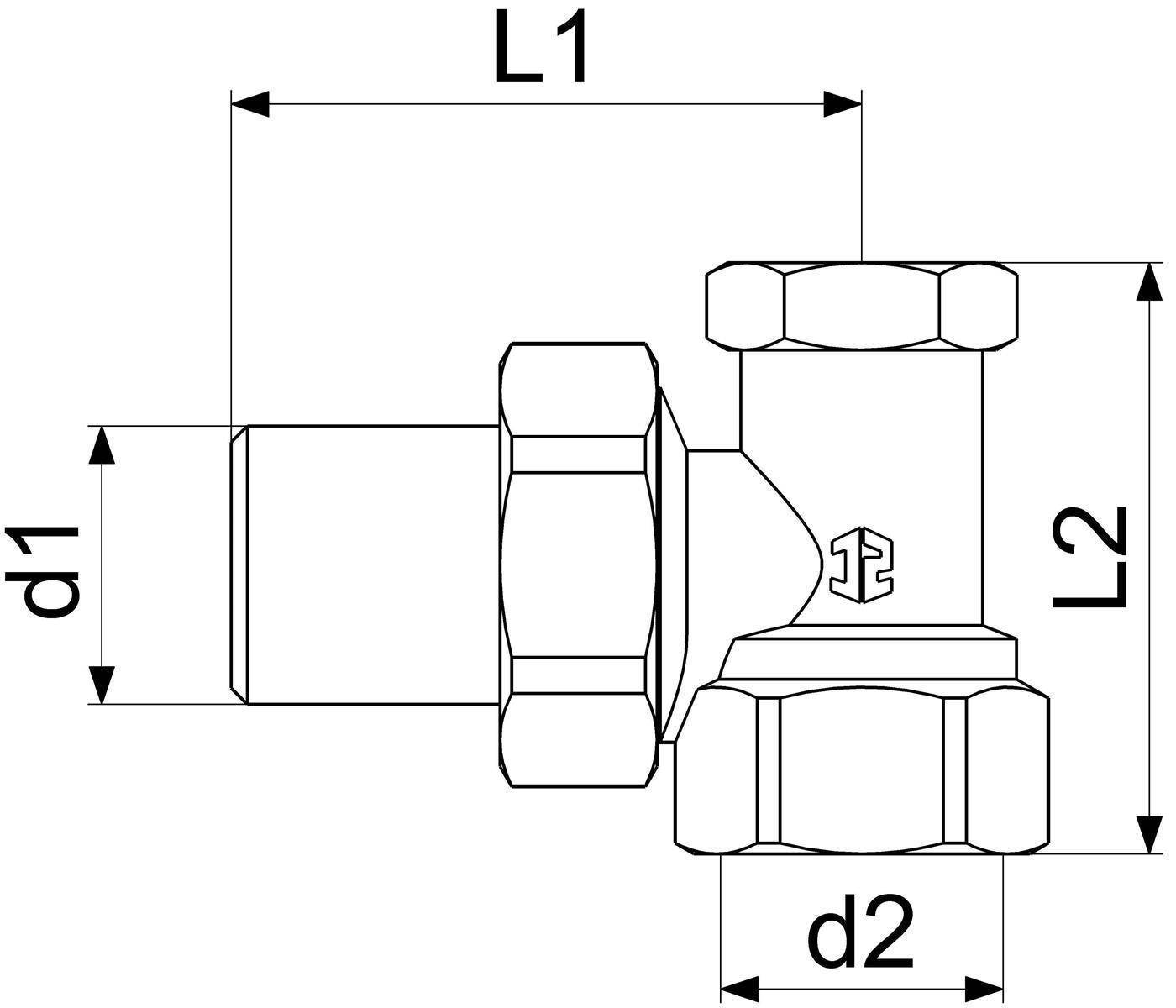 Technische Zeichnung einer Ventilarmatur mit Abmessungen L1, L2, d1 und d2 mit Pfeilen, die Längen- und Durchmessermessungen anzeigen.