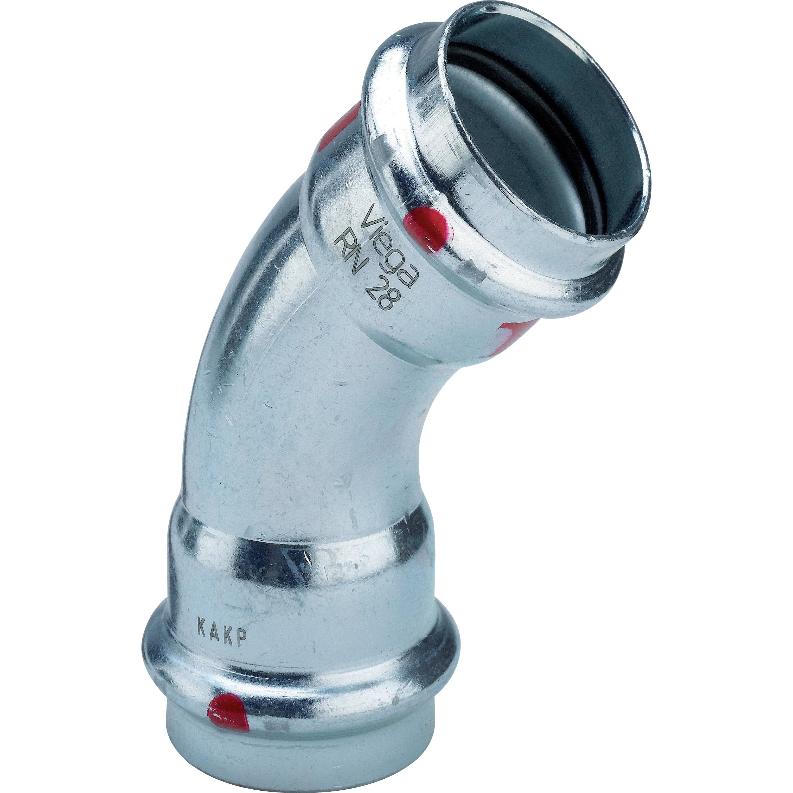 Metall-Rohrbogen mit Pressfitting, 28 mm, mit roten Dichtungsmarkierungen, auf weißem Hintergrund gezeigt.
