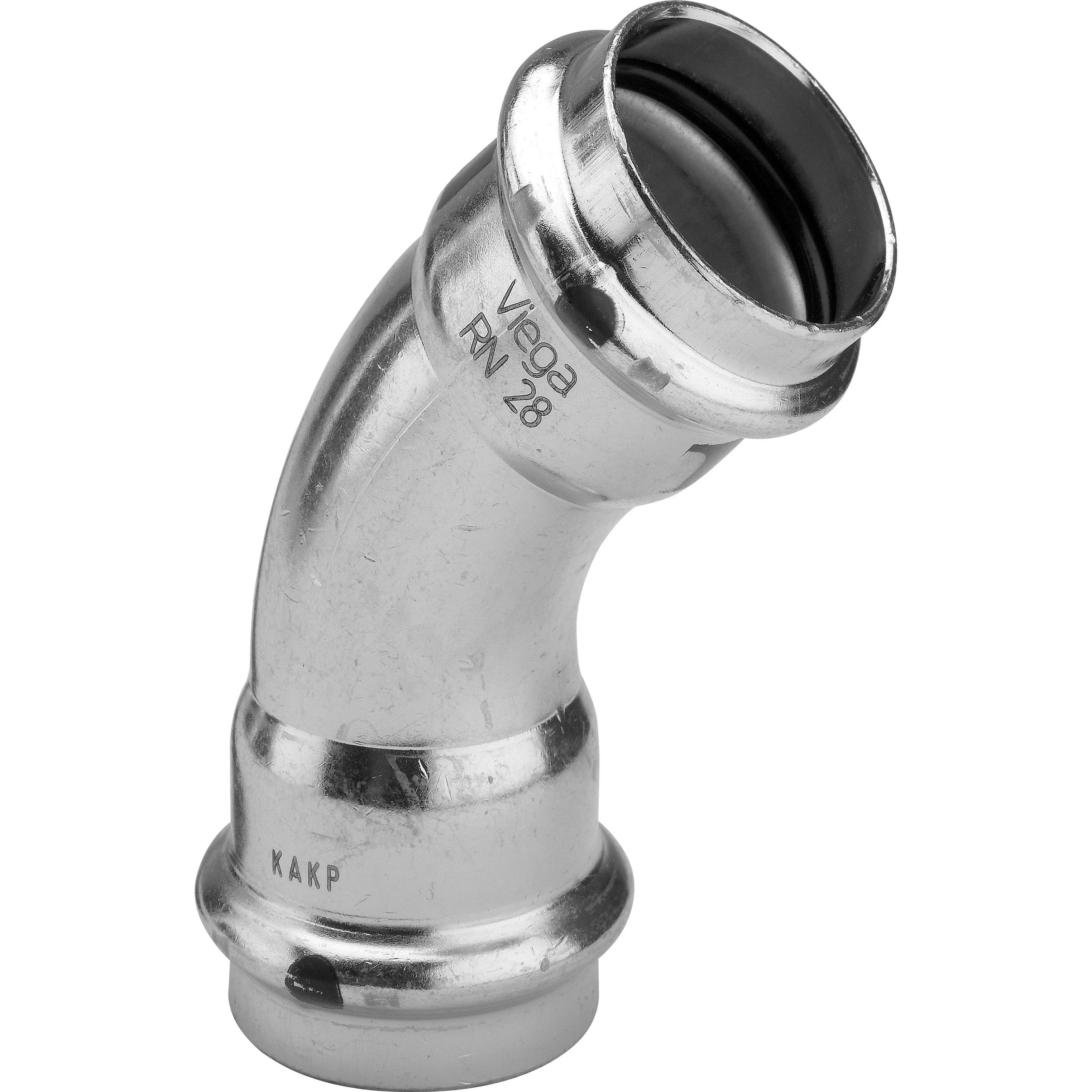 Metall-Rohrbogen 28mm 45-Grad mit Steckmuffen-Enden, dargestellt auf weißem Hintergrund.