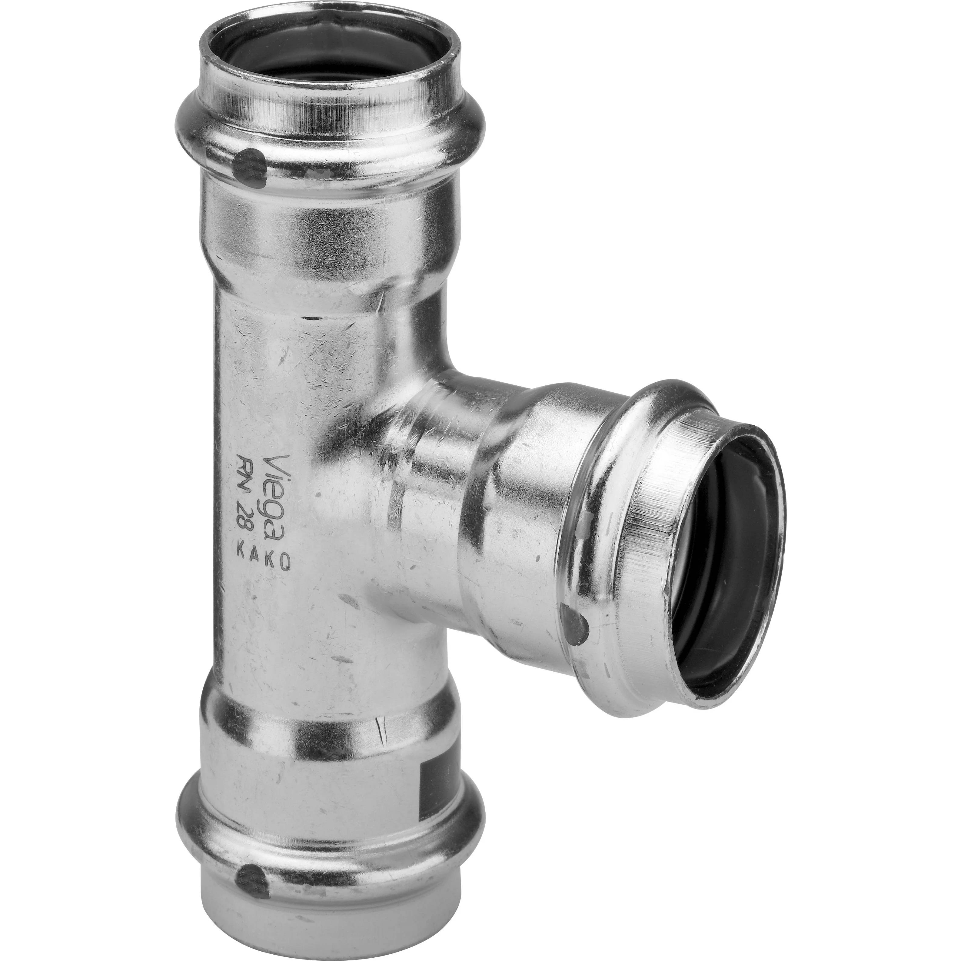 Metallisches Rohrtee-Verbindungsstück mit drei Steckanschlüssen, gekennzeichnet als Viega KAKO PN 16.