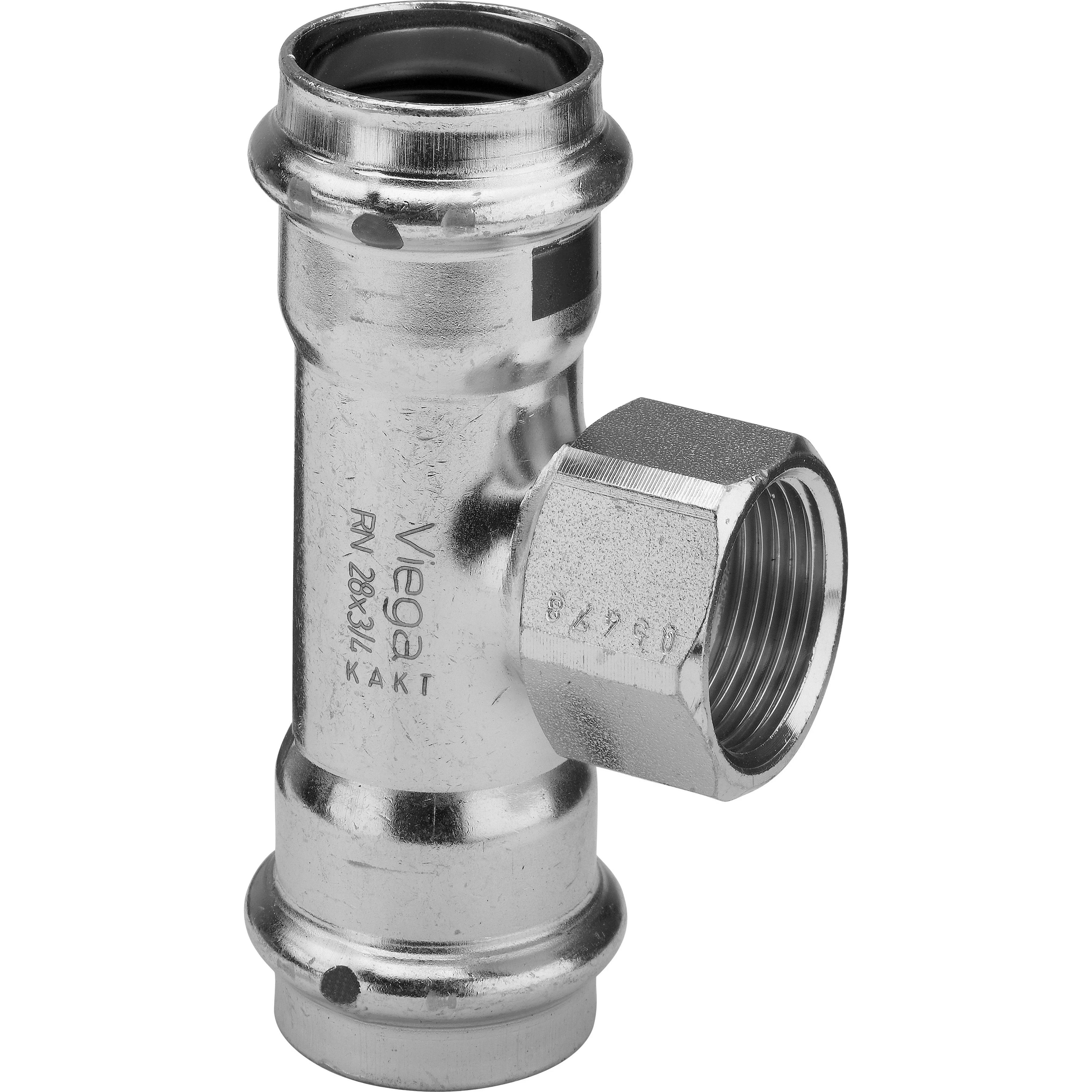 Verchromte Metallinstallation-T-Fitting mit einem Seitenzweig und gewindeförmigem sechskantigem Weiblich-Anschluss an der Seite.