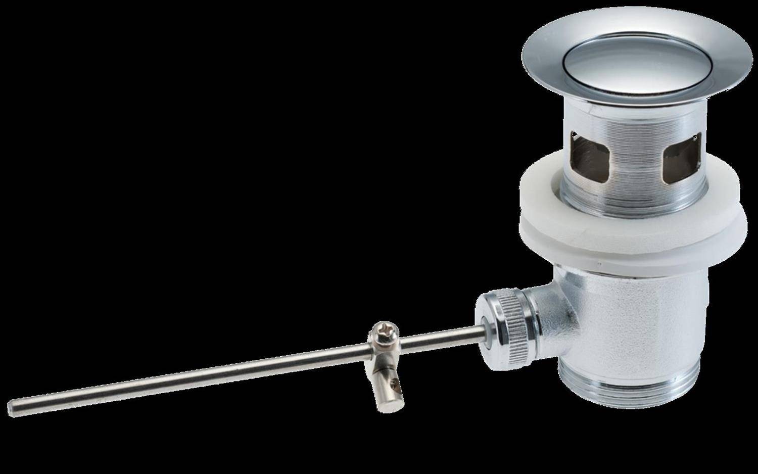 Chrom-Spülbeckenabfluss-Stopperabsatz mit langer horizontaler Hebel-Stange und Metall-Zugkappe auf schwarzem Hintergrund.