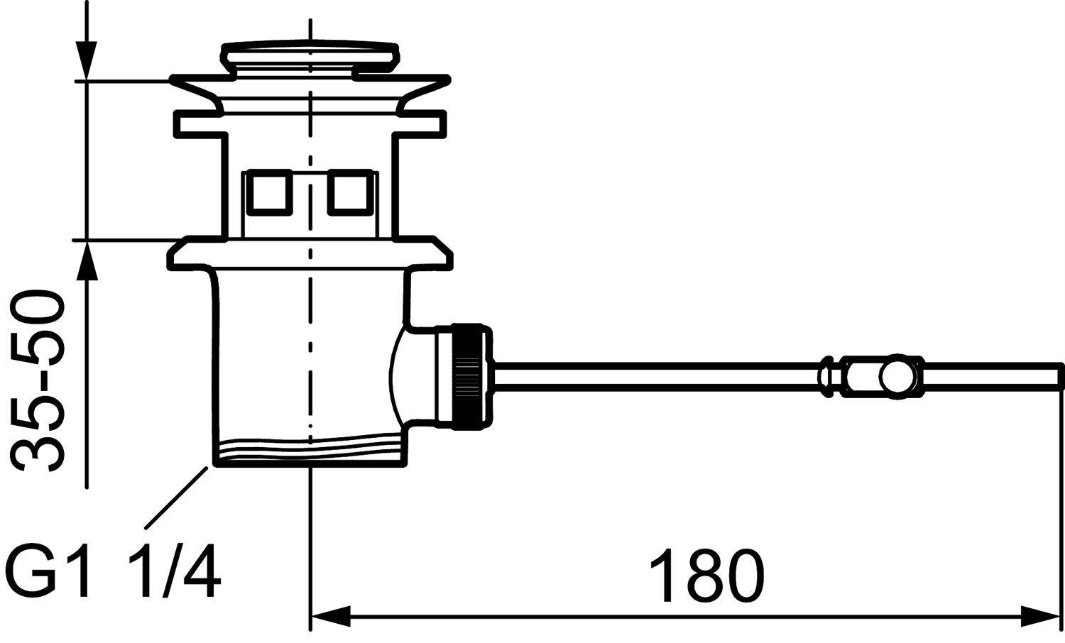 Technische Zeichnung eines Ventils oder Verbindungsstücks mit einem horizontalen Kabel/Stab, beschriftet G1 1/4, Höhe 35-50, Länge 180.