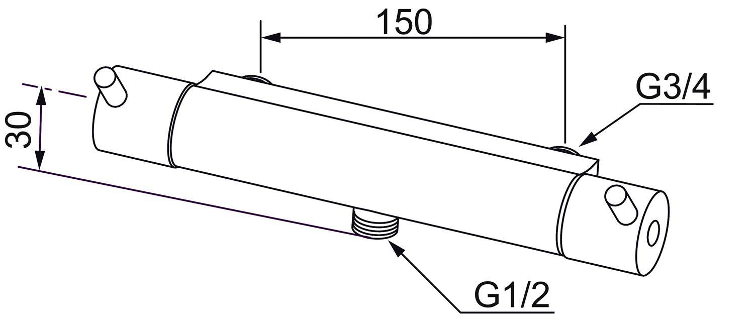 Technische Zeichnung eines zylindrischen Anschlusses mit den Abmessungen 150 mm Länge und 30 mm Höhe, mit der Bezeichnung G3/4 an einem Ende und G1/2 auf dem Unterseiten-Gewinde.