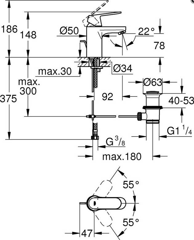 Grohe EHM WT Eurosmart C mit Zugstangen-Ablaufgarnitur verchromt