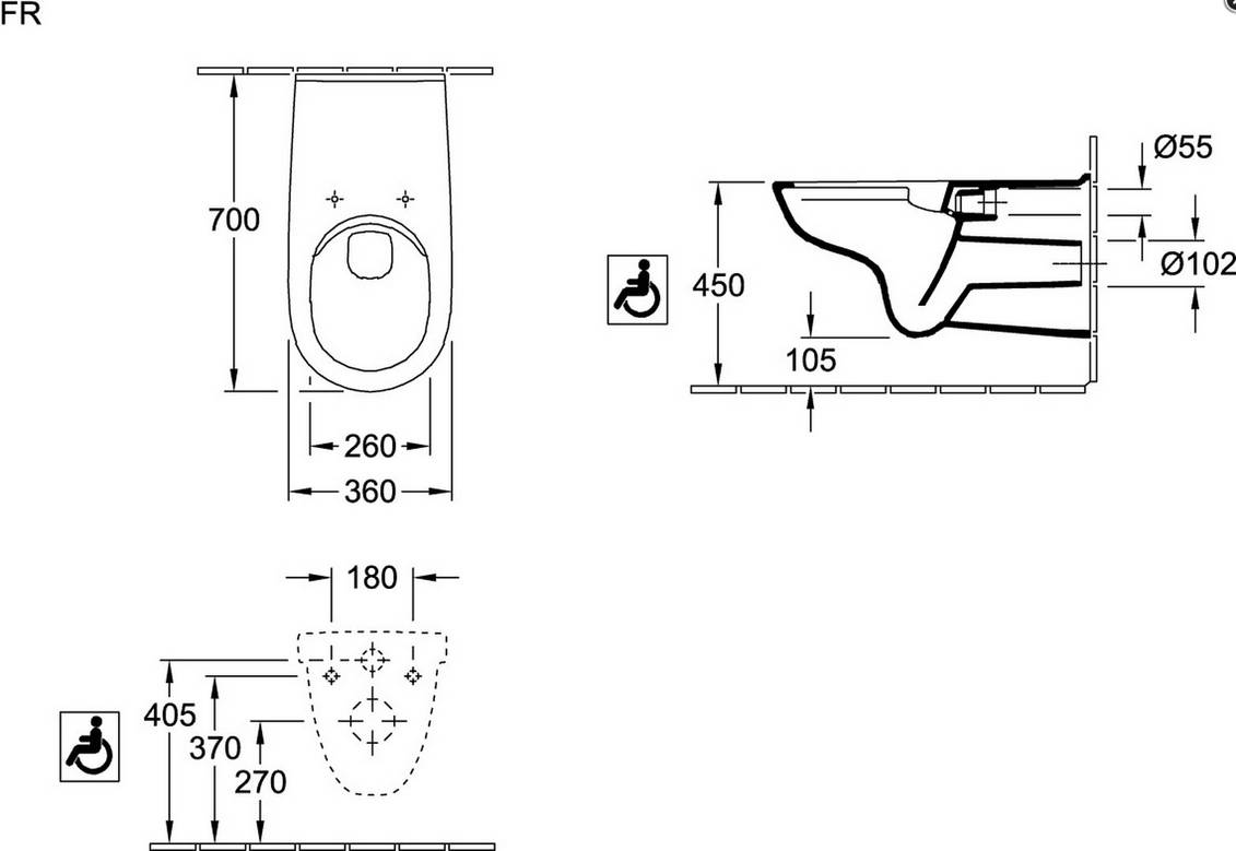 V+B Wand-Tiefspül-WC Vita O. NOVO randlos längerer Zulauf 360x700mm weiß