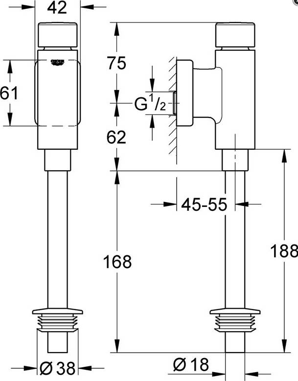 Grohe Urinal-Druckspüler Rondo mit integr. Vorabsperrung verchromt