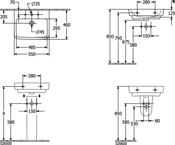 VB Waschbecken O.novo 4A4155 550x460mm Eckig Weiß Alpin