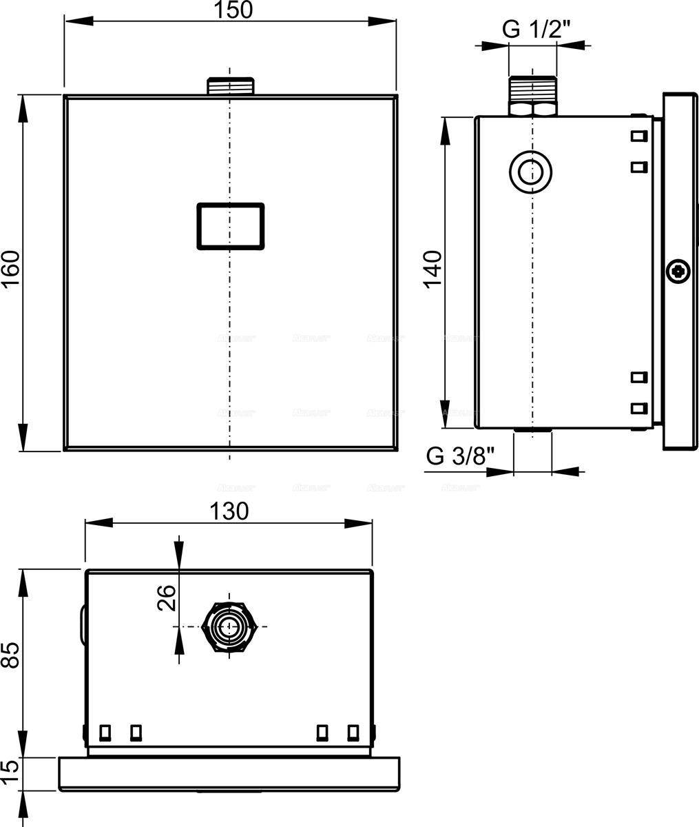 Technische Zeichnung eines rechteckigen Geräts mit Vorder-, Seiten- und Draufsicht mit Abmessungen: 150 x 160, 140, 130 x 85 und G 1/2 und G 3/8 Anschlüsse.