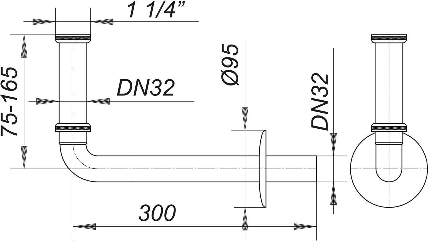 Technische Zeichnung einer DN32-Rohrbaugruppe mit U-förmiger Biegung und Flansch, mit Abmessungen 75-165, 300, Ø95 und 1 1/4 Zoll.