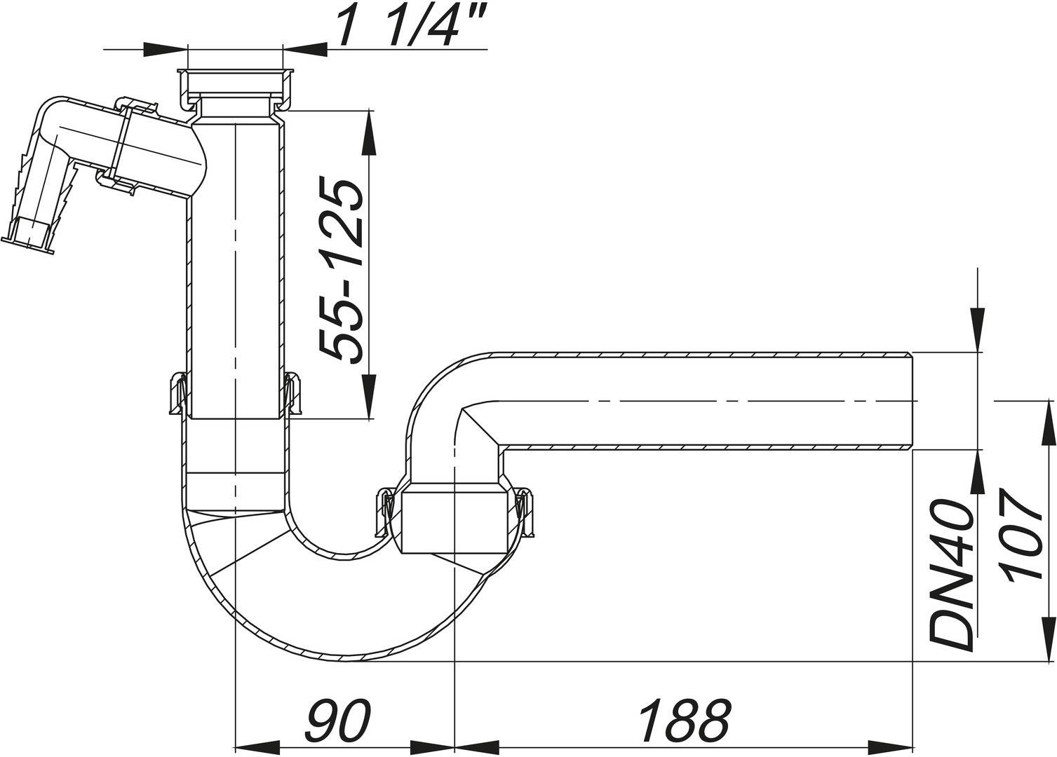 Dallmer Röhren-Siphon 100/1 m 1 Waschgeräte-Anschluss 11/4 xDN 40