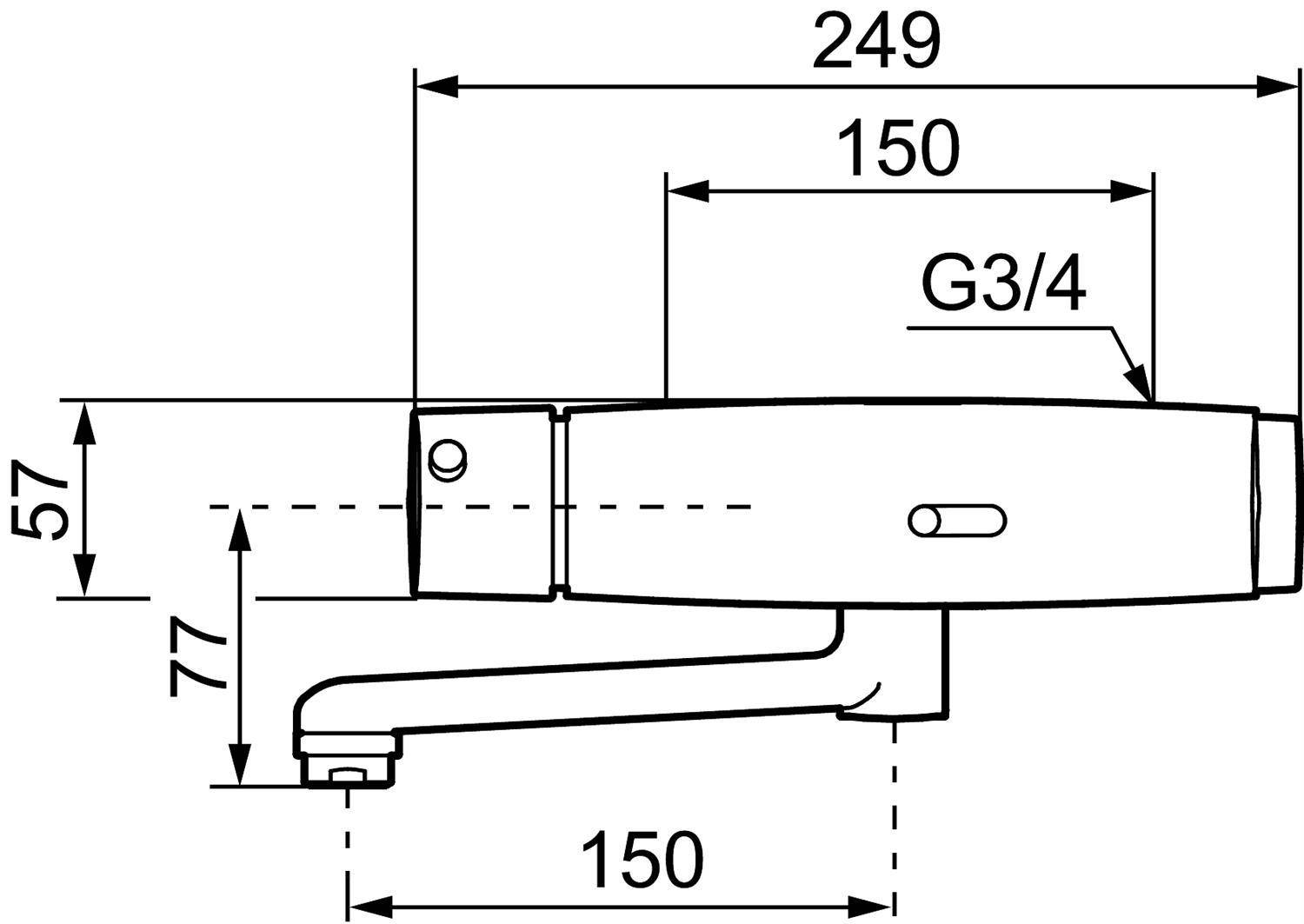 Technische Zeichnung eines Wasserhahns oder Auslaufs mit Abmessungen: Gesamtlänge 249, Gehäuse 150, Höhe 57, Auslaufversatz 77 und G3/4-Anschluss.