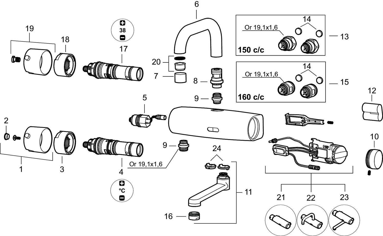 Explodierte technische Zeichnung einer Armaturenventilbaugruppe mit nummerierten Teilen und Beschriftungen für Konfigurationen 150 c/c und 160 c/c.