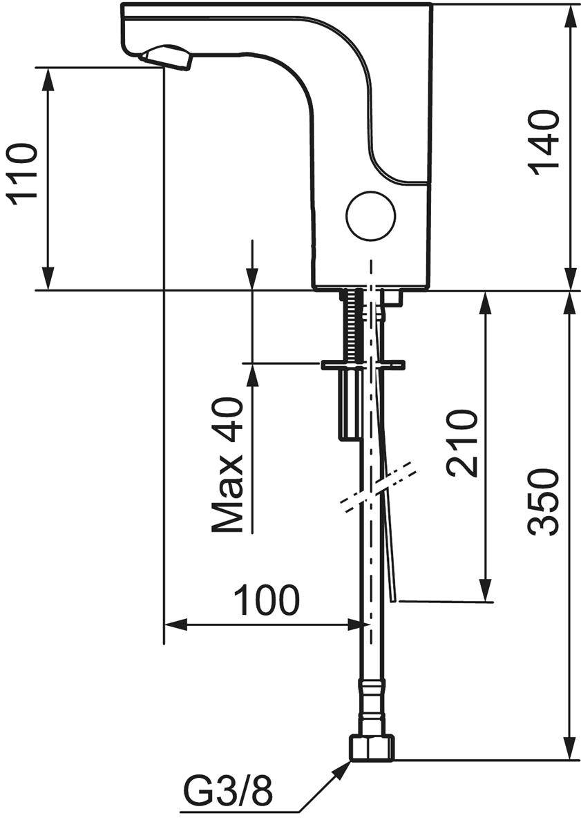 Technische Strichzeichnung eines Wasserhahns mit Installationsabmessungen und Anschlussgrößen G3/8, mit Abmessungen 110, 140, 210, 350, 100 und max 40.