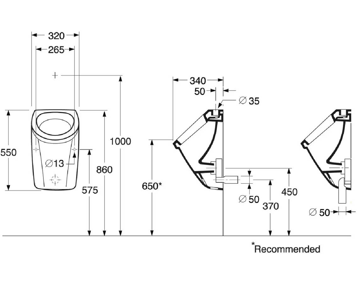 V+B Absaug-Urinal Saval 2.0 Zulauf von oben 320x545x340mm weiß