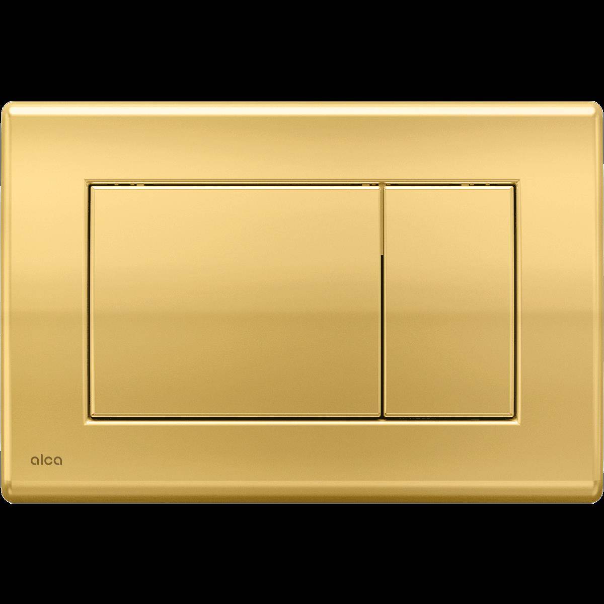 Gold-farbiges, wandmontiertes Doppelspültoilettenknopffeld mit zwei rechteckigen Druckknöpfen und 
