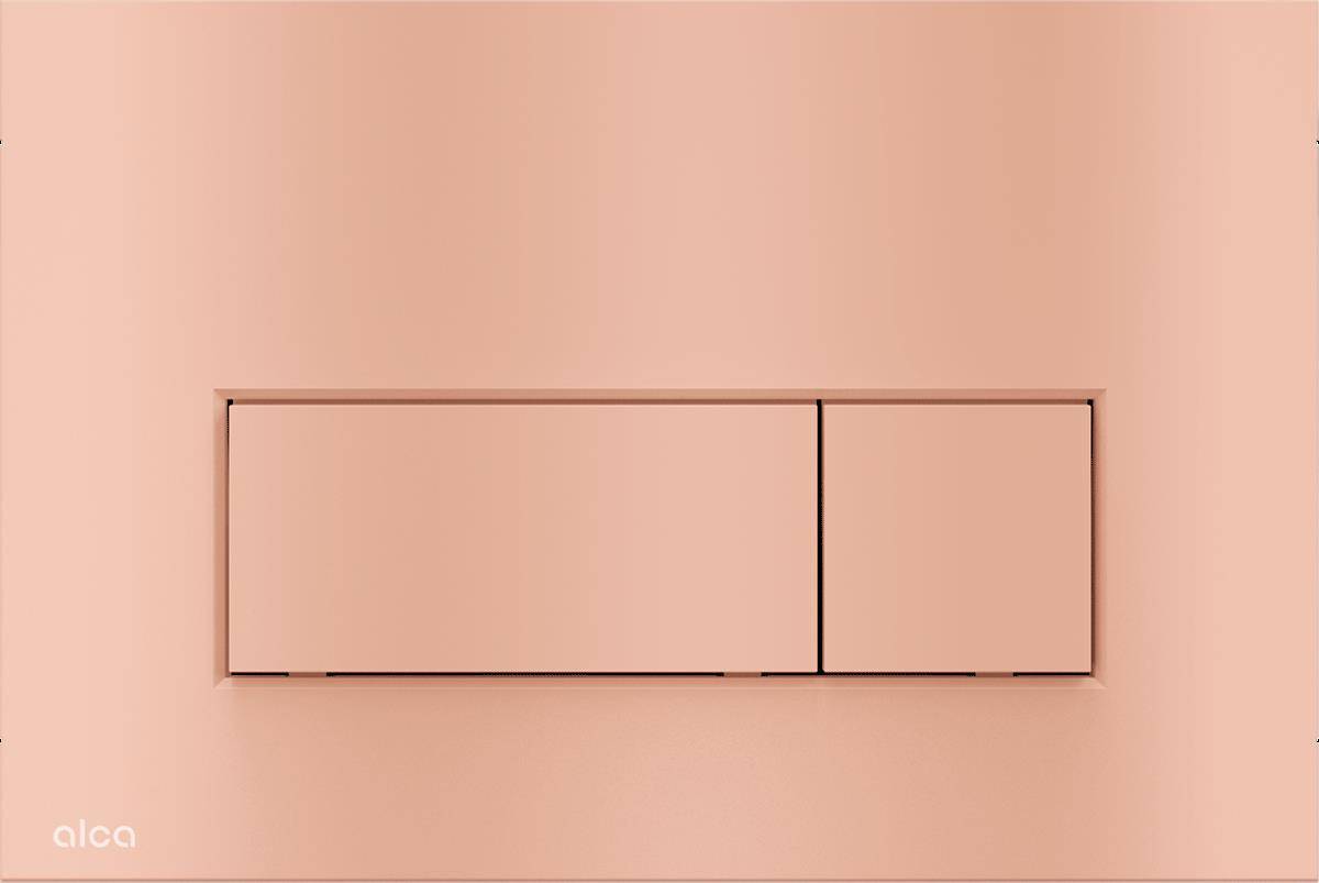 Minimalistische Pfirsichfarbene Wand mit einer eingelassenen rechteckigen zweiteiligen bündigen Wandabdeckung oder Schrankentür, horizontal zentriert.